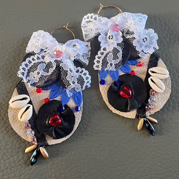 Handcrafted Mixed Media Leather Earrings - Boho Statement with Lace and Beads 