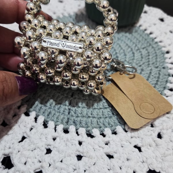 Handmade Beaded Mini Bag Keychain-Silver Shine