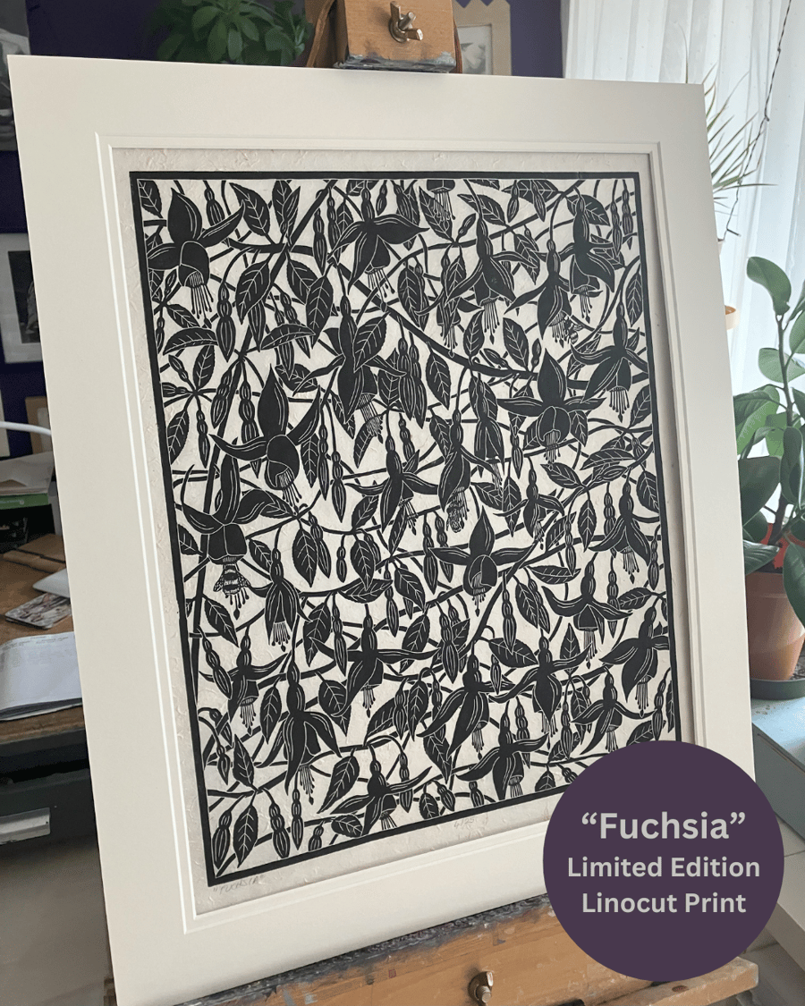 Lino Print - "Fuchsia" - Limited Edition Print - Garden Flowers
