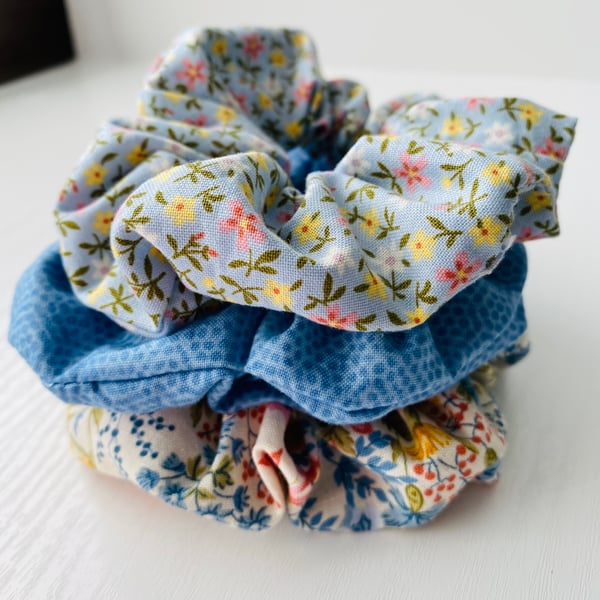 Set of 3 Blue Hair Scrunchies with Flowers