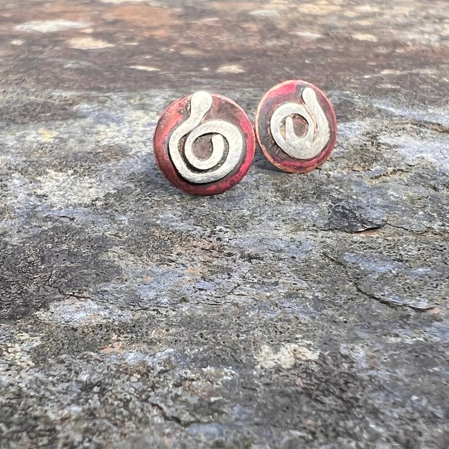 Copper and Silver Swirl Stud Earrings