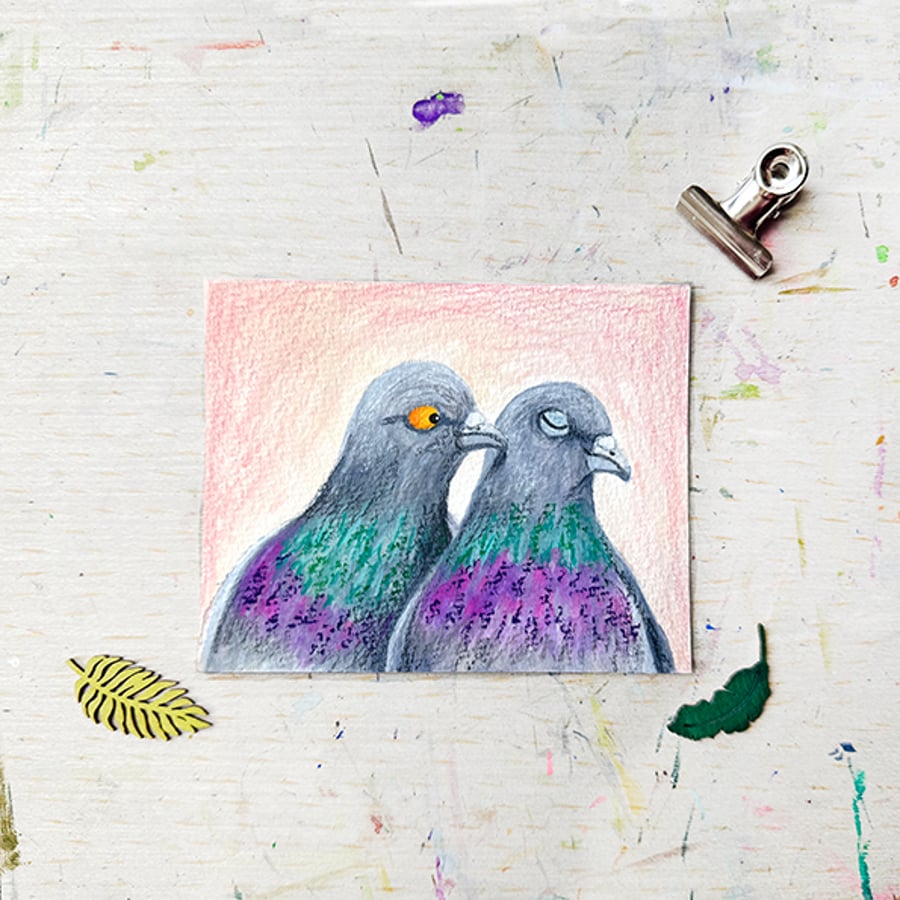 Original Pigeon Couple Painting - Mixed Media - One of a kind