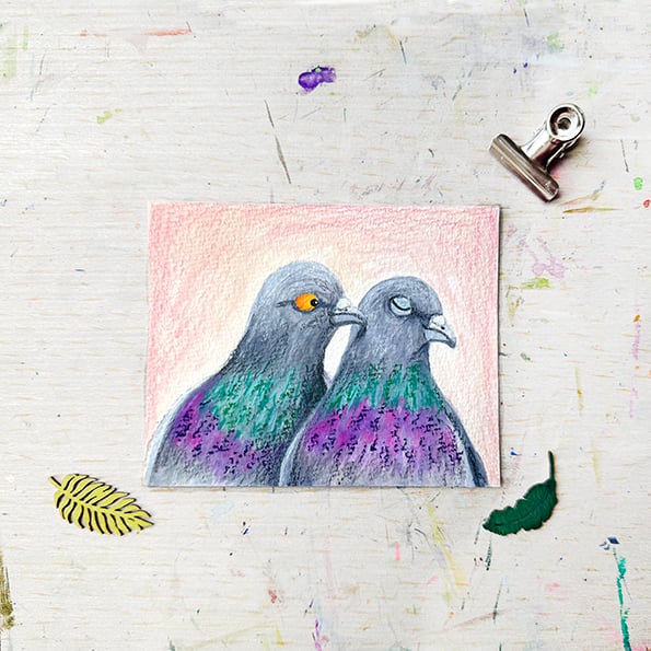 Original Pigeon Couple Painting - Mixed Media - One of a kind