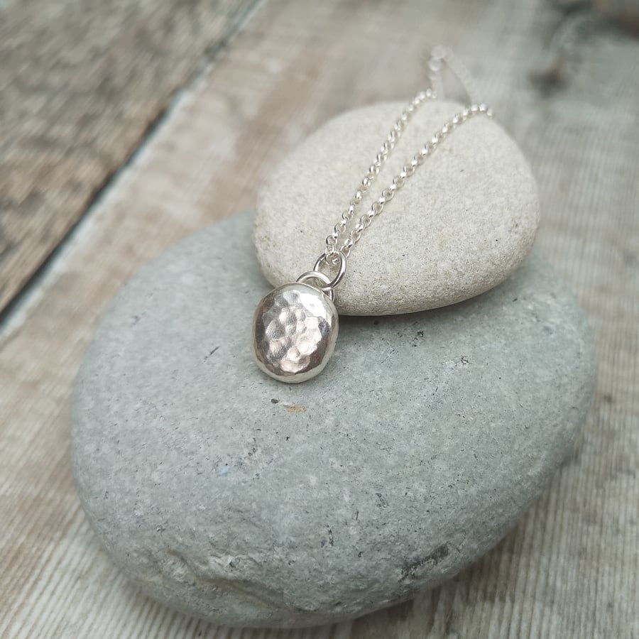 Silver Pebble Necklace, Silver Necklace, Hammered Silver Necklace - PEN043