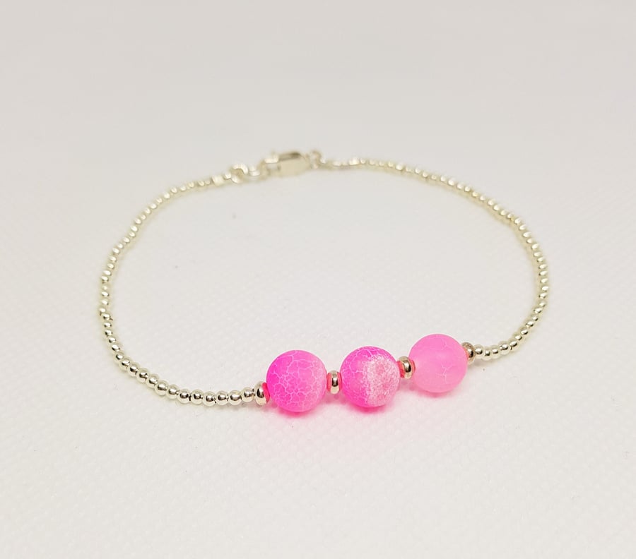 Handmade Pink Cracked Agate & Sterling Silver Bracelet, 7.5" Beaded Jewellery, S