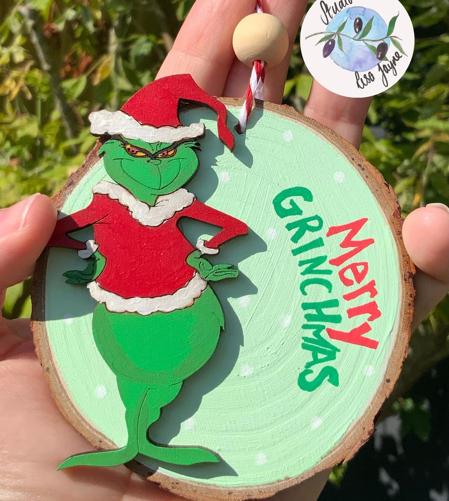 The Grinch Hand Painted Log Slice Christmas Decor