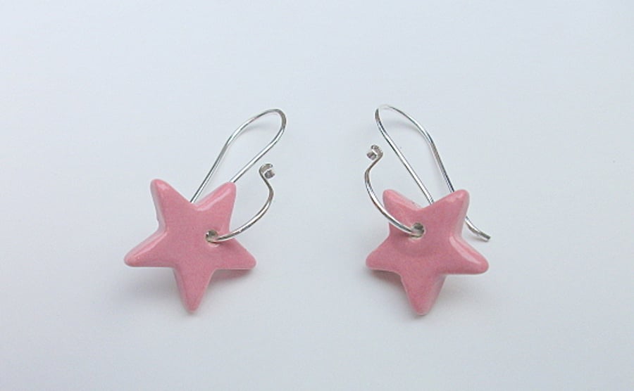 Pink Ceramic Star earrings on S Shaped Hammered Sterling Silver Ear Wires