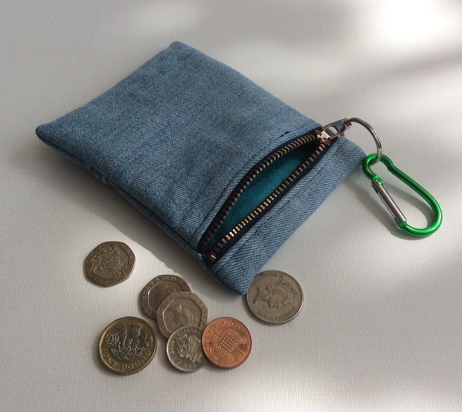 Light blue, denim, zipped key ring purse, coin purse, credit card purse