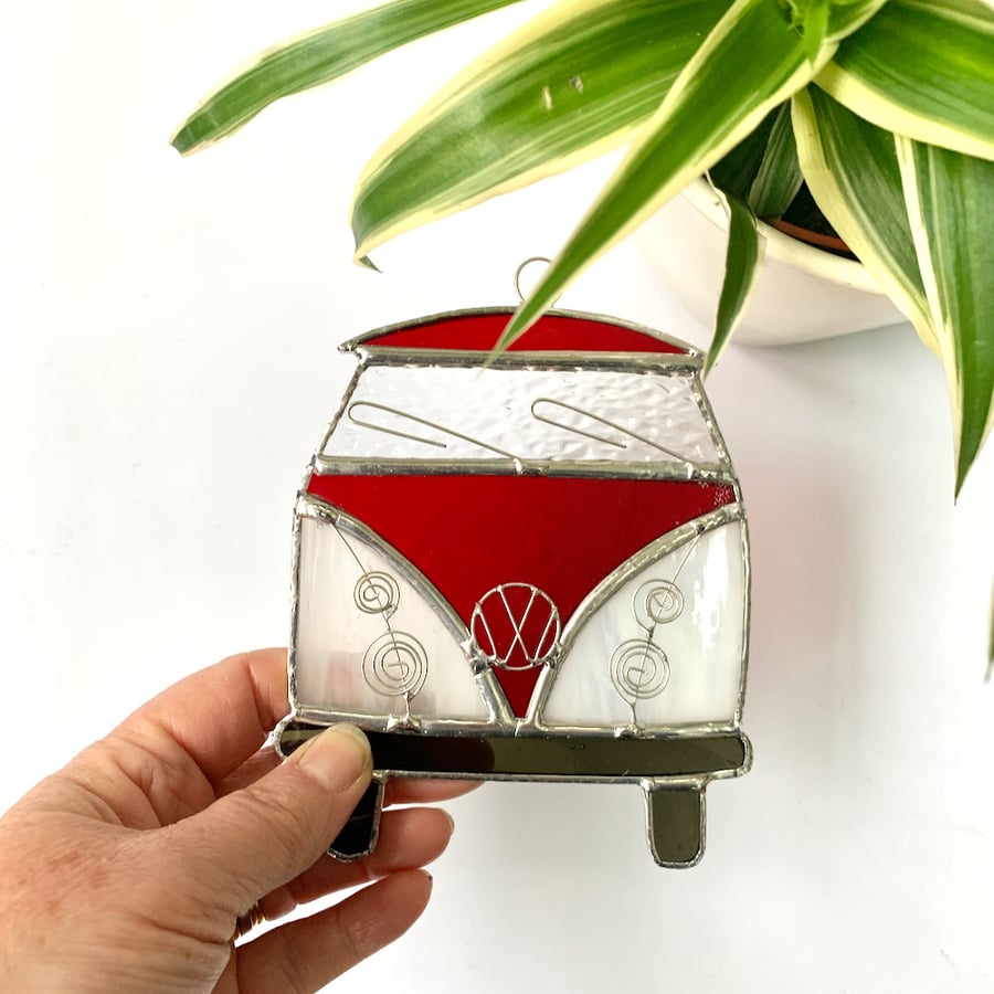 Stained Glass Camper Van Suncatcher - Handmade Decoration - White and Red