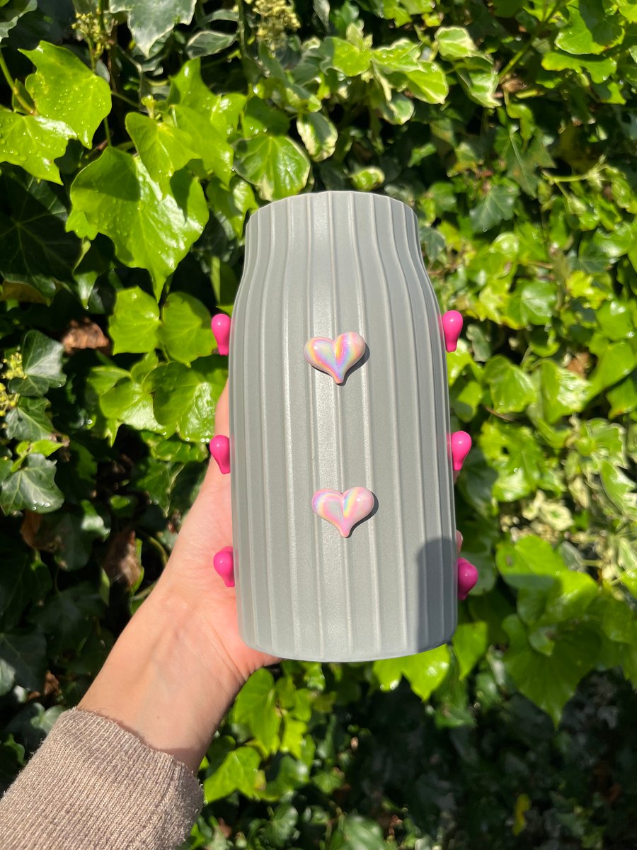 Grey Ceramic Vase with 3D Pink Hearts 