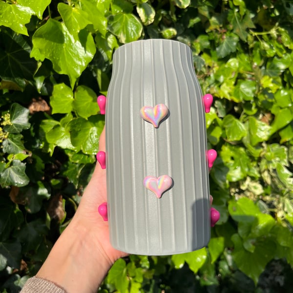 Grey Ceramic Vase with 3D Pink Hearts 