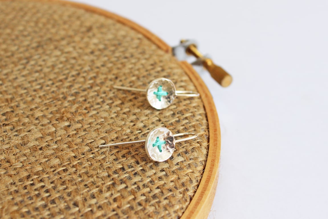 Silver button drop earrings, stitched buttons, silver earrings 
