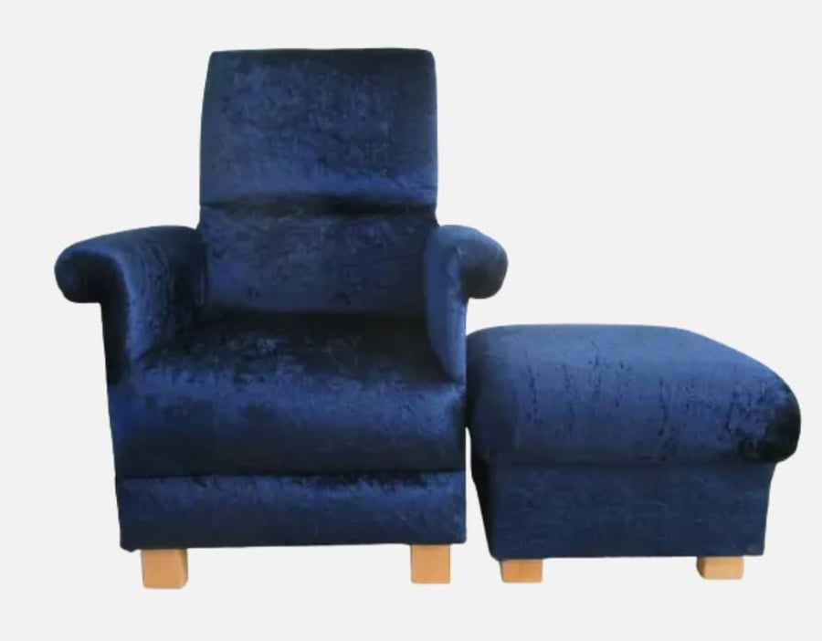 Navy Blue Velvet Chair & Footstool Adult Armchair Pouffe Accent Small Nursery 