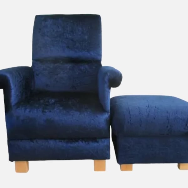 Navy Blue Velvet Chair & Footstool Adult Armchair Pouffe Accent Small Nursery 