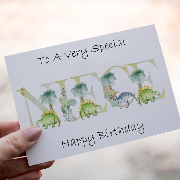 Dinosaur Letter Art Niece Birthday Card, Card for Niece, Dinosaur Birthday Card