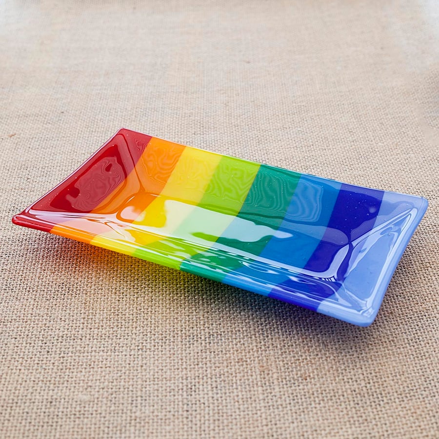 Rainbow Stripy Brightly Coloured Fused Glass Decorative Rectangular Plate