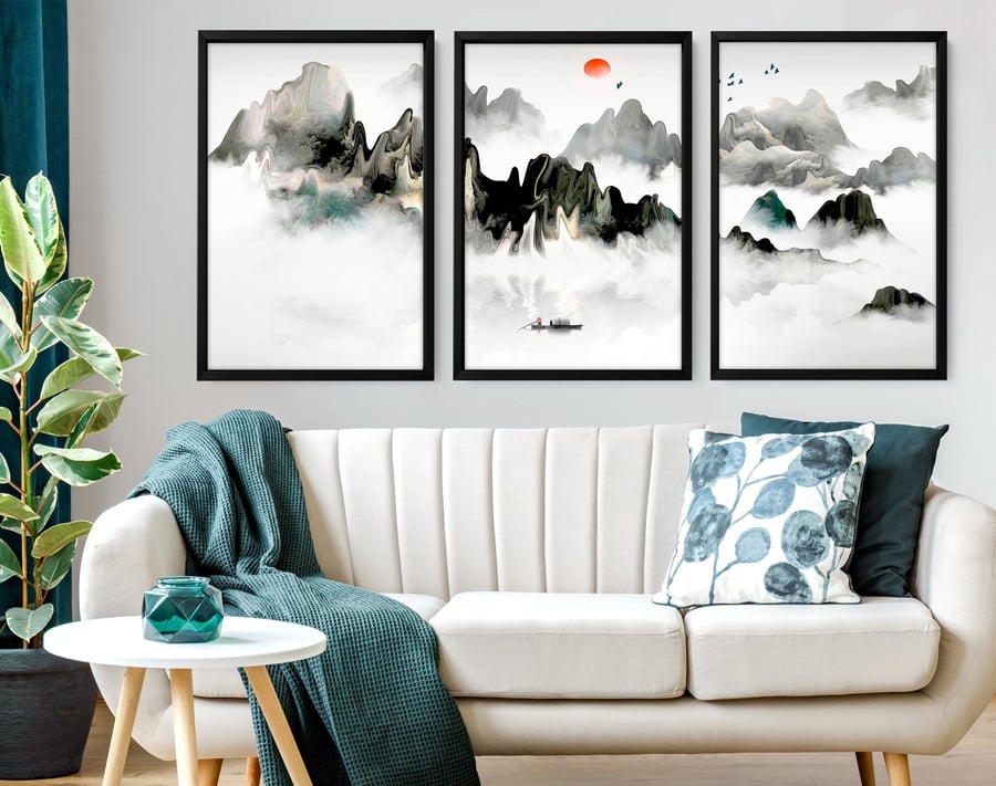 Calming Watercolor Painting Print, Set of 3 Minimalist Wall Prints, Zen Wall Art