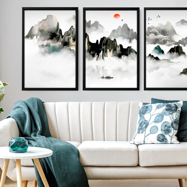 Calming Watercolor Painting Print, Set of 3 Minimalist Wall Prints, Zen Wall Art