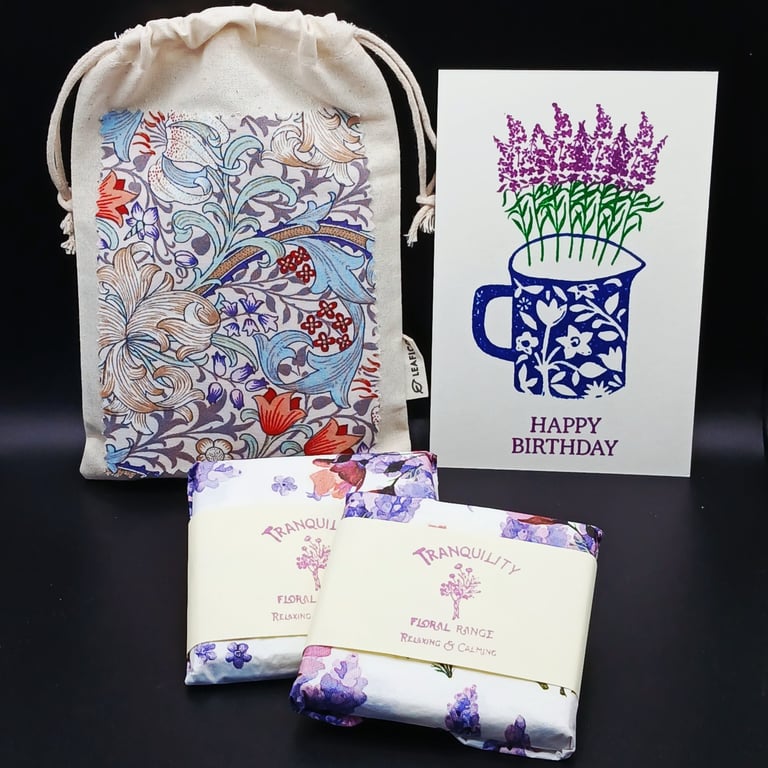 Provence Birthday Gift Lavender Wax Melts, William Morris Bag & Handmade Card