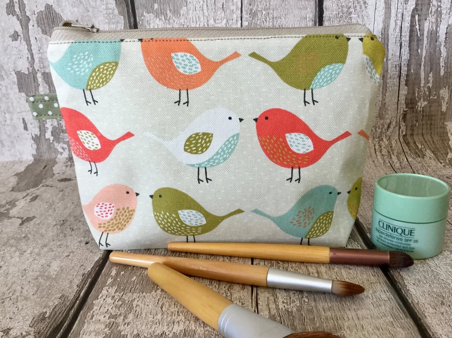 Bird Print Make Up Bag. Cosmetic Bag. Handbag Organiser. Zipped Pouch. Bird Penc