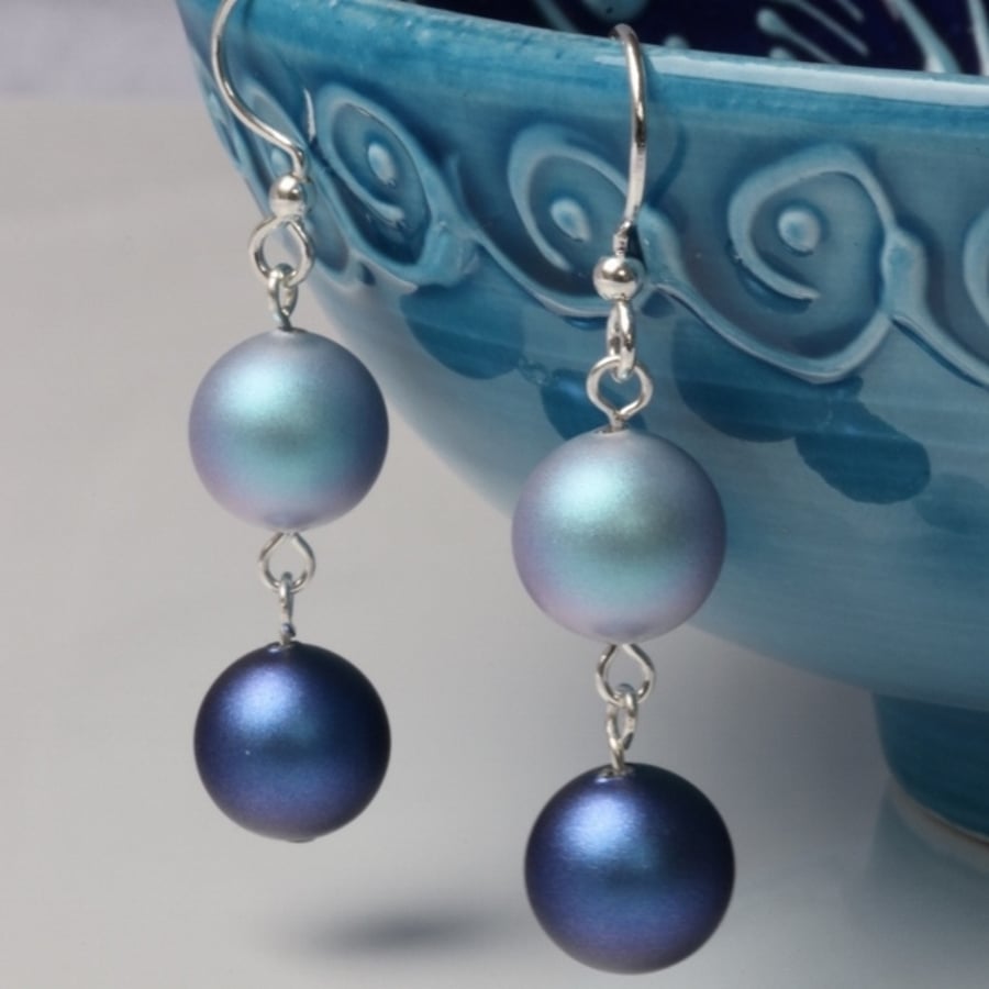 Earrings with Iridescent Blue Swarovski Crystal Pearls