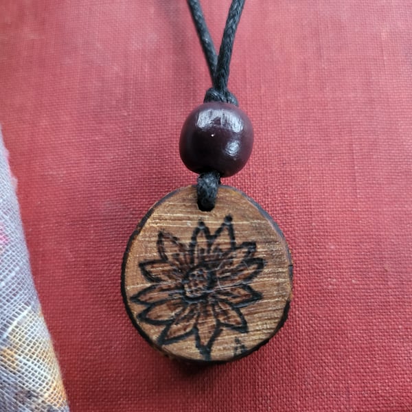 Pyrography necklace, Flower pendant, Wooden anniversary gift, Rowan wood pendant