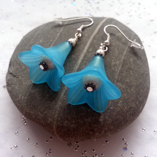 Turquoise Lucite Flower Earrings - Lightweight Floral Drop Earrings
