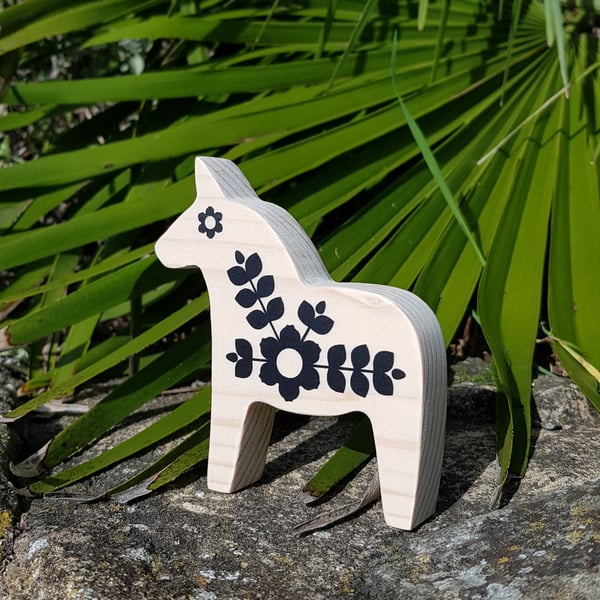 Black Scandi Dala Horse Flowerful Ornament Handmade Wooden Hygge Decor