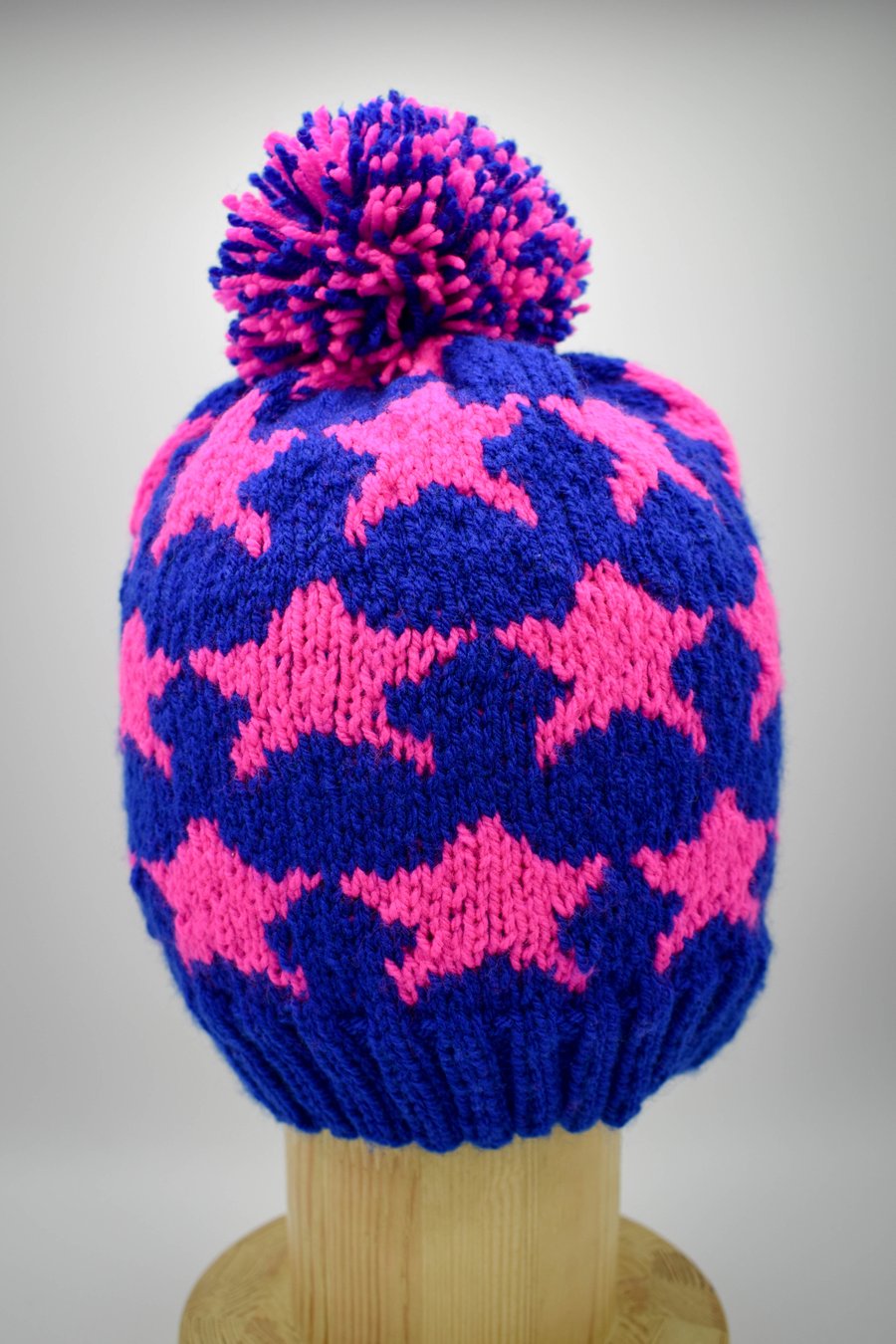 SOLD - SALE - Hand Knitted star design bobble hat in blue and neon pink- Large