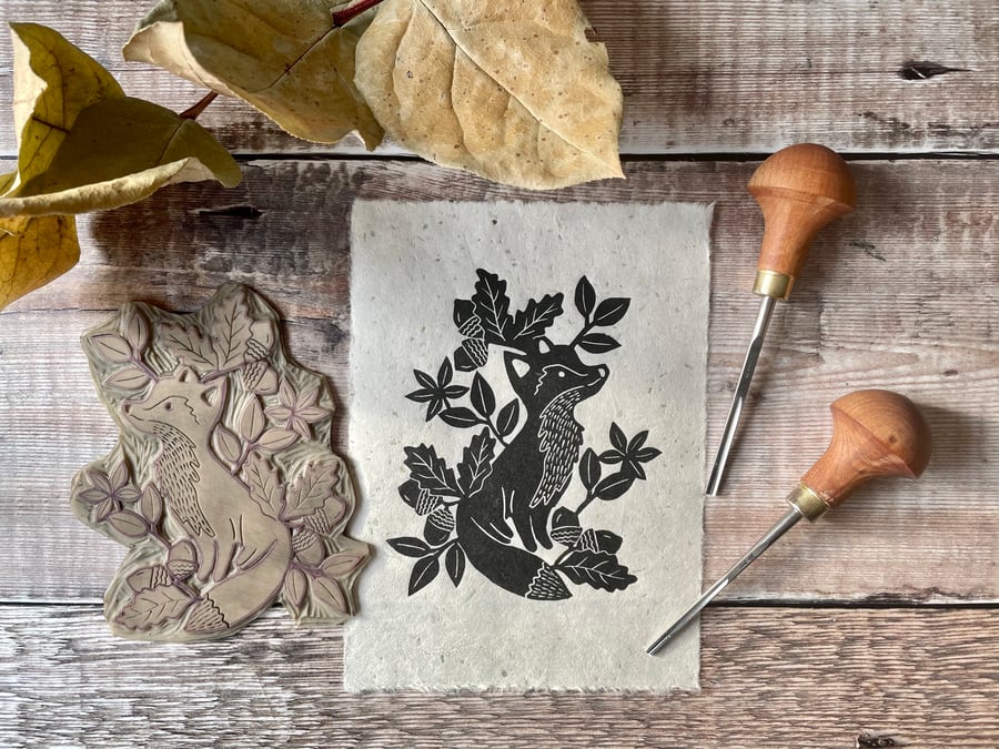 Autumn Fox linocut mini print
