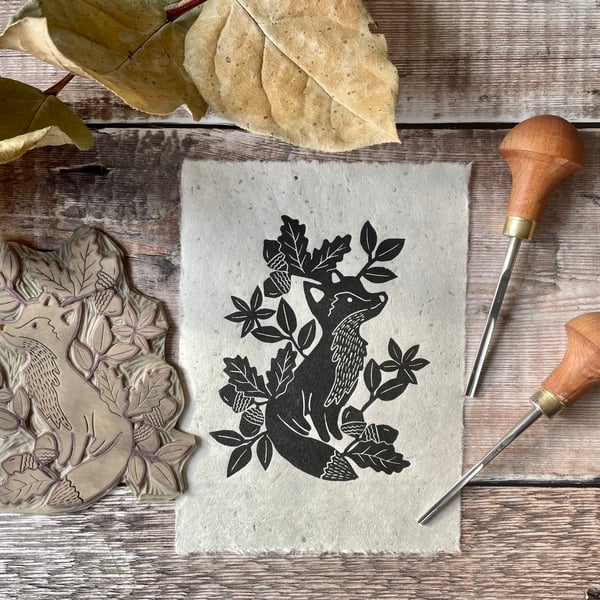 Autumn Fox linocut mini print