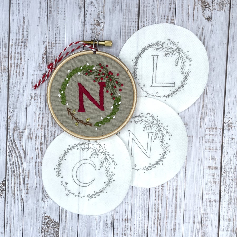 Pack of personalised Christmas embroidery wreaths with custom initials