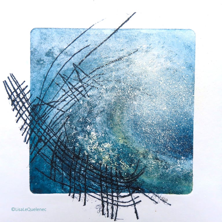 Mythology inspired mixed media ocean storm surf wave and netting