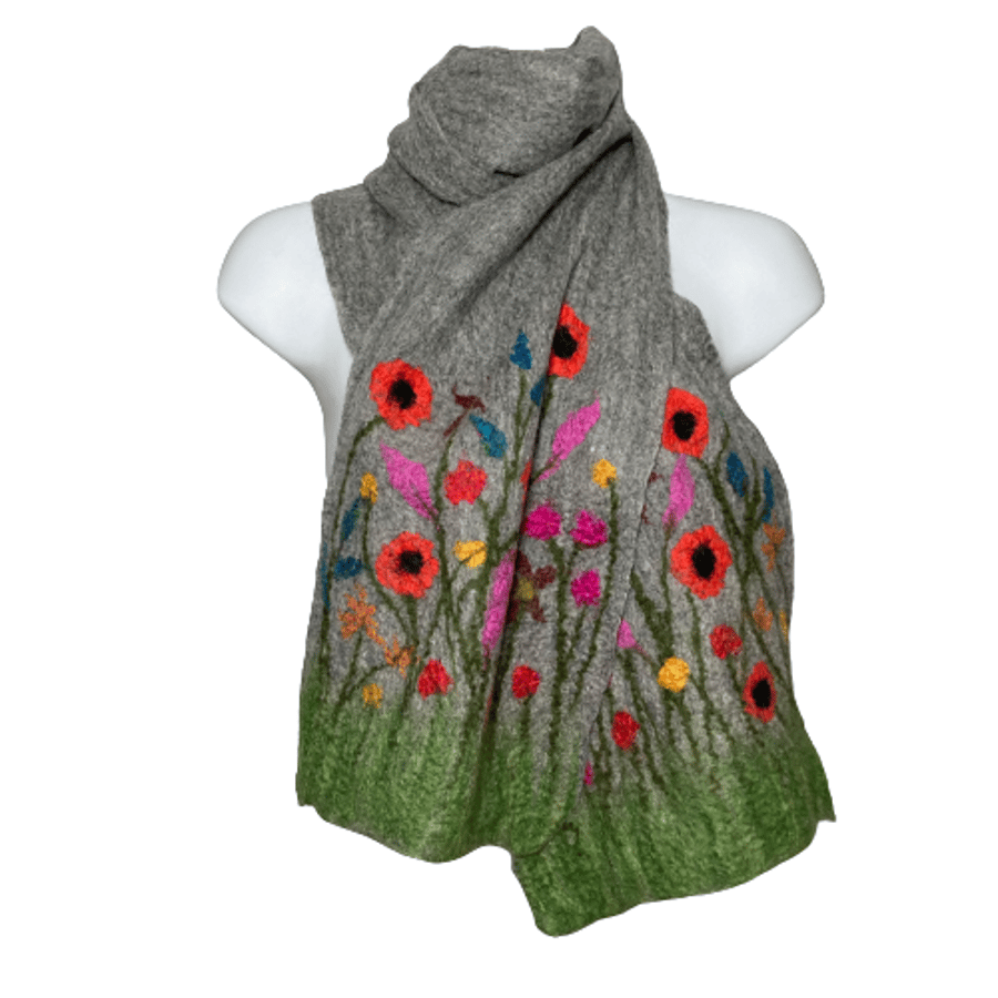 Lightweight, finely felted, merino wool, grey floral scarf