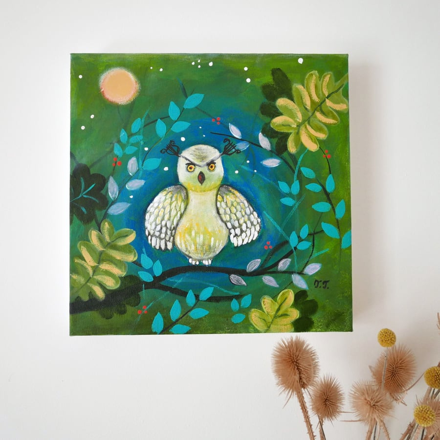 Owl Painting, Original Artwork, Acrylic Art, Devon Artist, Whimsical  