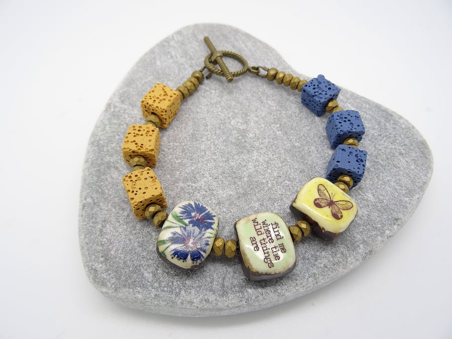 Ceramic Bracelet, Lava Bead Cube Bracelet, Blue Bracelet, Mustard Bracelet.
