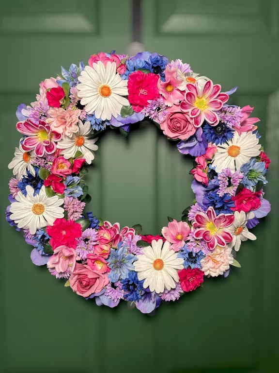 Vibrant Summer Meadow Wreath – Pink, Blue, and White Floral Door Decor (45cm)