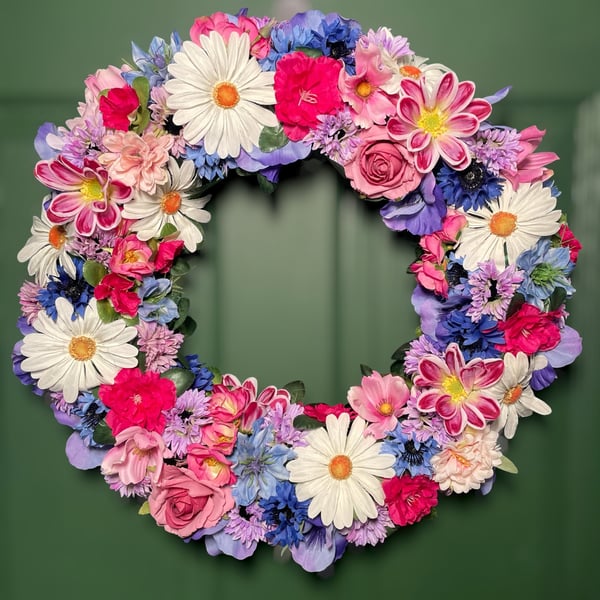 Luxury Summer Door Wreath with White Daisies, Pink Gerbera & Blue Wildflowers