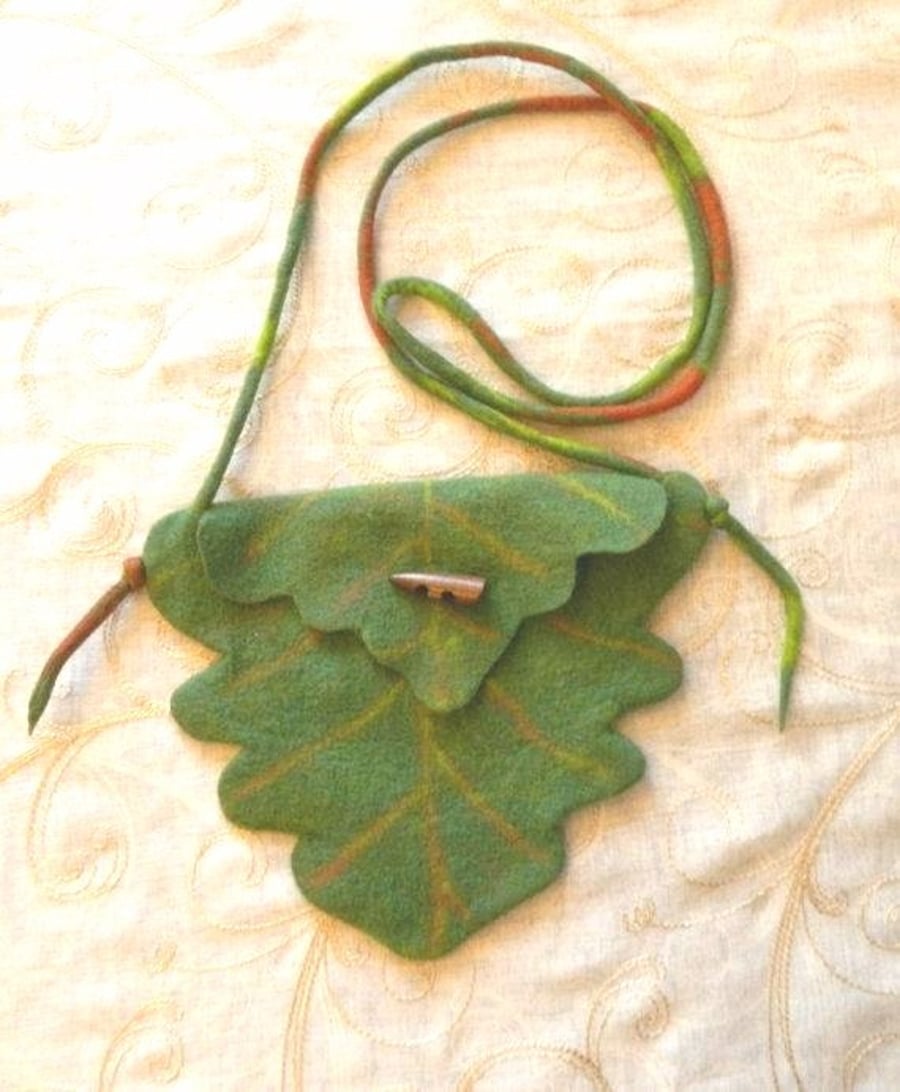 Oak Leaf Green Fairytale Bag Tree Elf Fairy Hand Felted Textile Fabric Nature