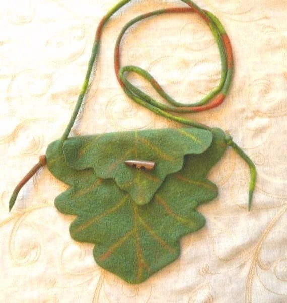 Oak Leaf Green Fairytale Bag Tree Elf Fairy Hand Felted Textile Fabric Nature