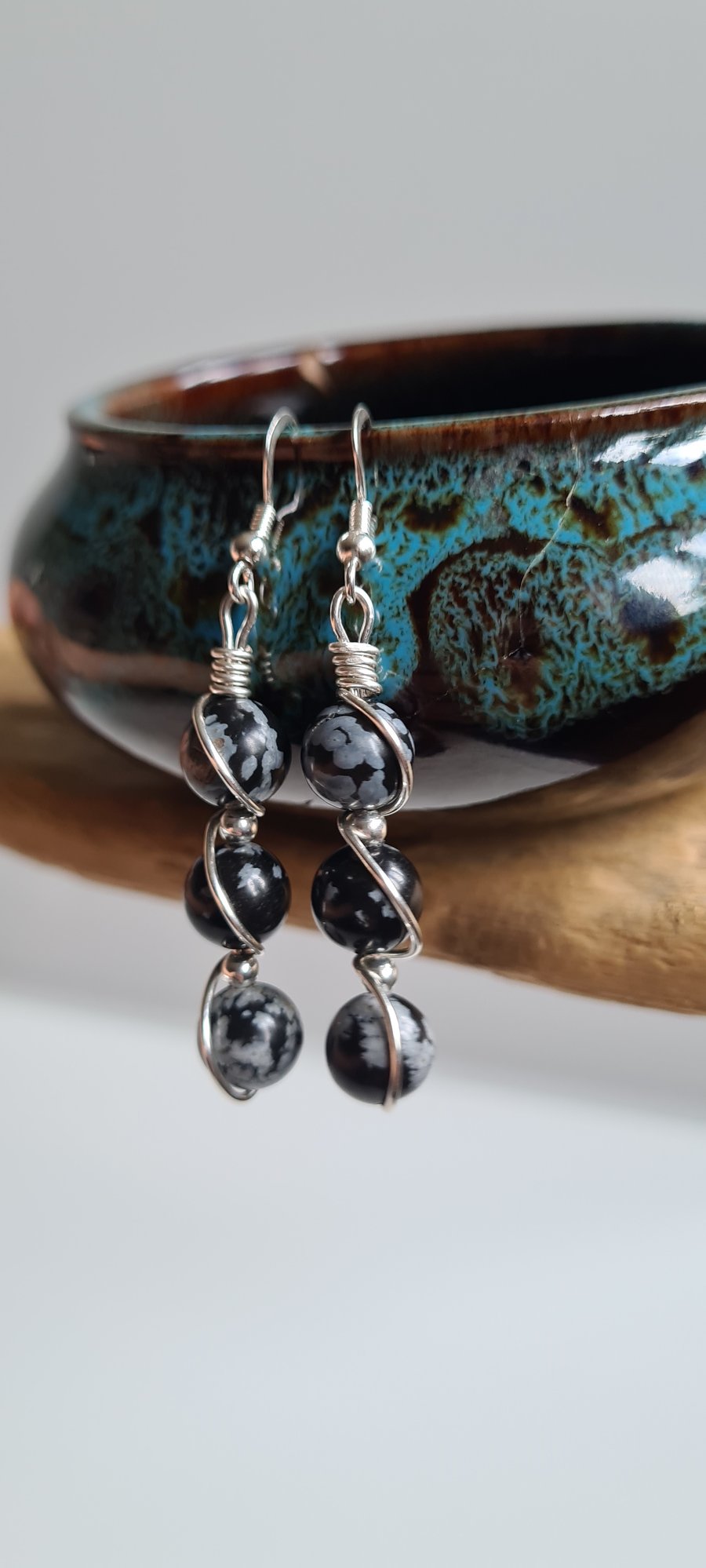 Handmade Natural Snowflake Obsidian & 925 Silver Dangle Drop Earrings Gift Boxed