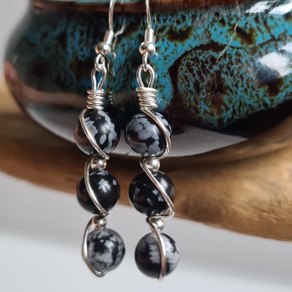 Handmade Natural Snowflake Obsidian & 925 Silver Dangle Drop Earrings Gift Boxed