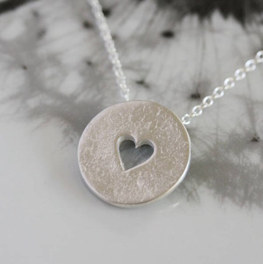 Open heart silver disc necklace