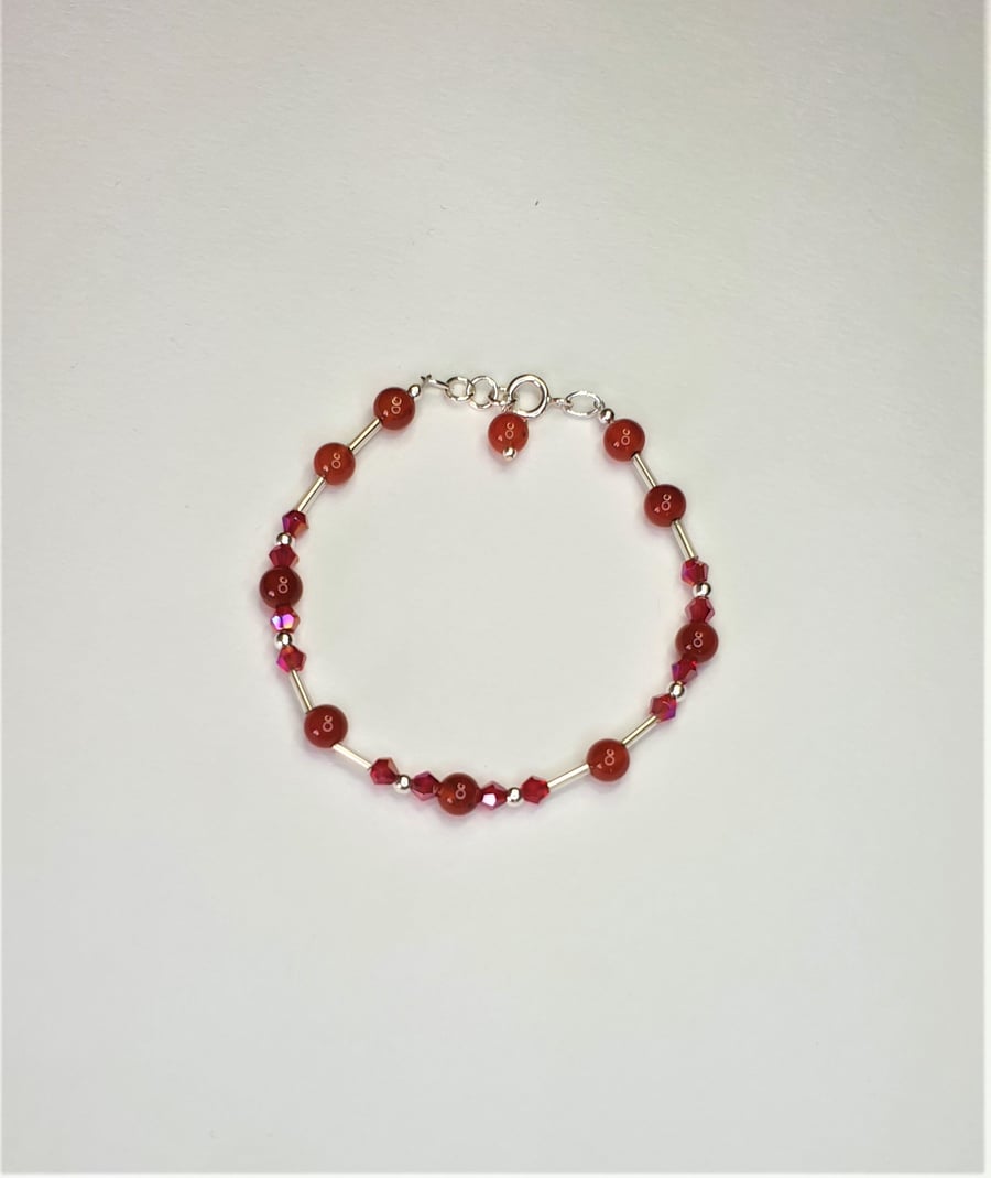 Red Carnelian, Red AB Coated Czech Glass Beads & Sterling Silver Bracelet