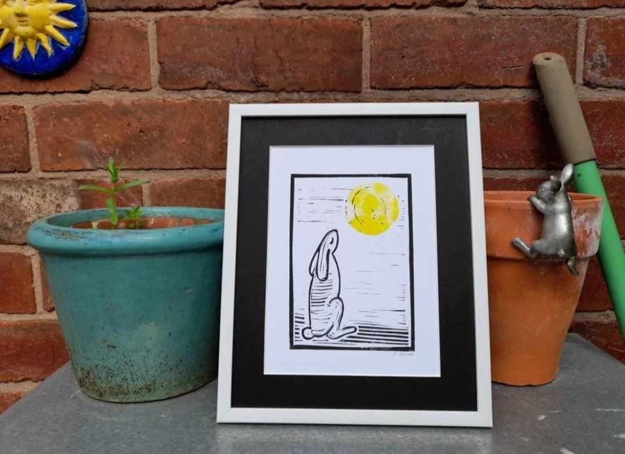 Hare and the sun A5 lino print, hand made linocut.