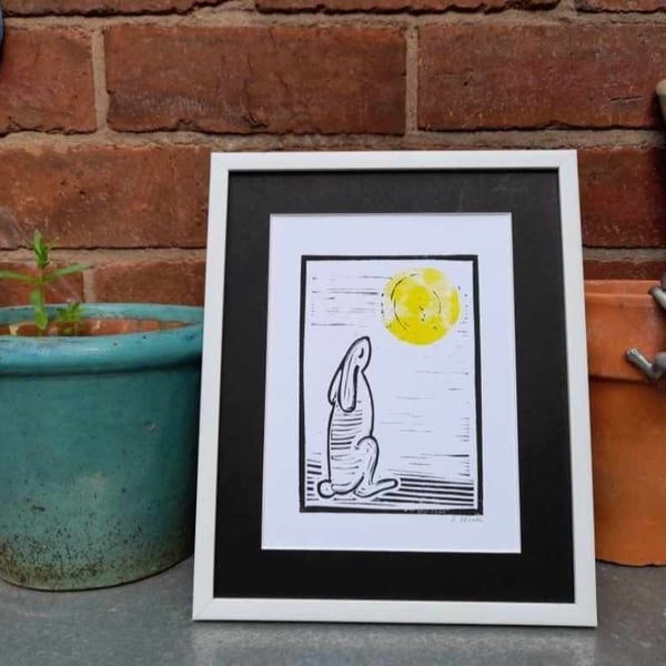 Hare and the sun A5 lino print, hand made linocut.