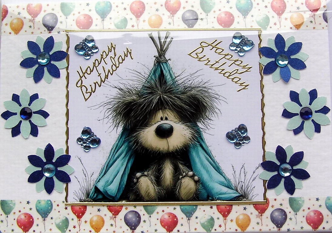 Puppy - Hand Crafted Decoupage Greeting Card - Happy Birthday - 3285