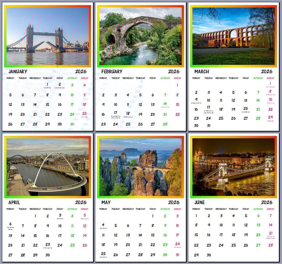 2026 Bridges Hanging Wall Calendar Each month A4