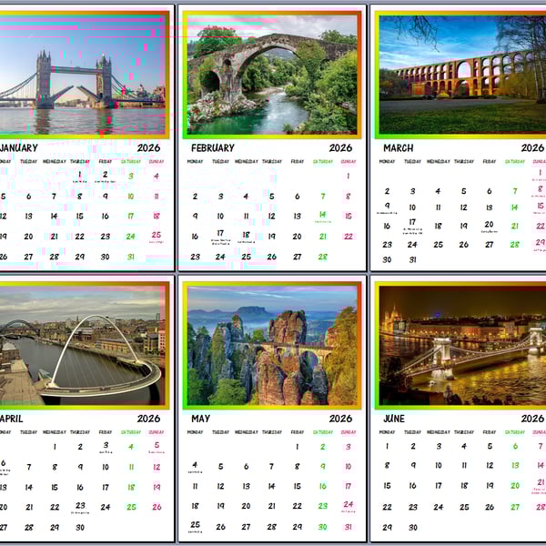 2026 Bridges Hanging Wall Calendar Each month A4
