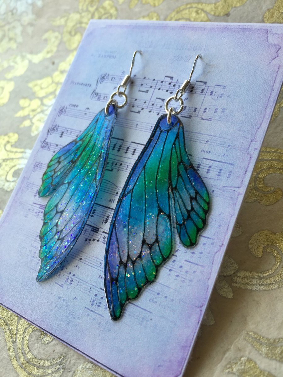 Sparkling Blue and Green Double Fairy Wing Earrings Sterling Silver